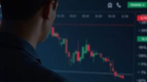 Photorealistic close-up of a trader watching Bitcoin price fall on Bithumb, with red arrows signaling a 10% drop.