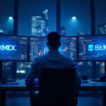 Photorealistic newsroom with a trader at a modern desk; screens show BitMEX and Hyperliquid logos, on-chain orders, and copy-trading UI.