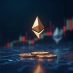 Photorealistic header of a corporate crypto desk with Ethereum holograms, a rising chart, and staking imagery.