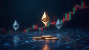 Photorealistic header of a corporate crypto desk with Ethereum holograms, a rising chart, and staking imagery.