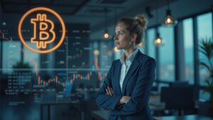 Photorealistic institutional investor in a modern office with Bitcoin symbol, rising chart, and regulatory icons.