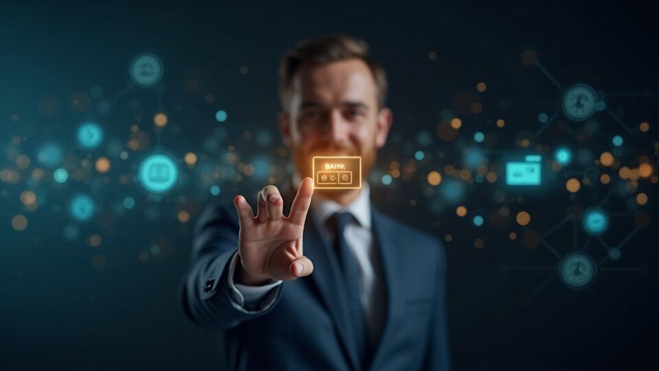 Photorealistic bank official at center with glowing rails diagram and fading card logos illustrating A2A payments.