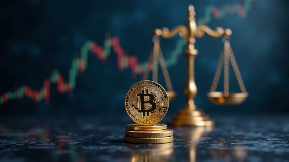 Photorealistic crypto newsroom header showing COIN price drop, a bold 400 target, and a regulatory scale in the background.