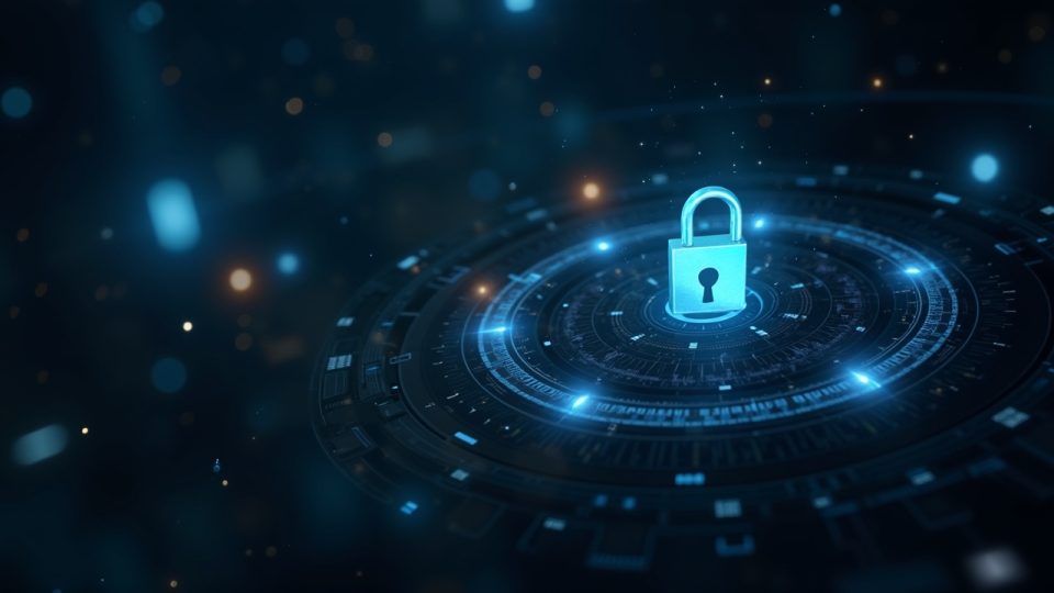 Photoreal AI agent managing autonomous on-chain wallets with orbiting crypto tokens and guardrails in a newsroom setting.