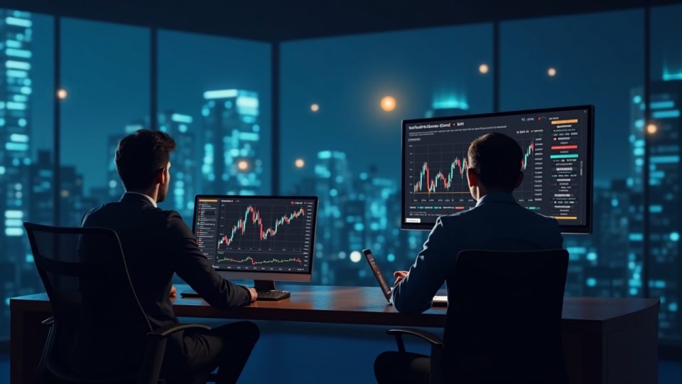 Photorealistic newsroom with a central analyst at a desk, multiple screens showing crypto prices and a buyback icon.