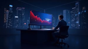 Photorealistic newsroom with an analyst at a desk, a large screen showing a red downturn chart and the Coinbase logo, plus revenue growth icons.