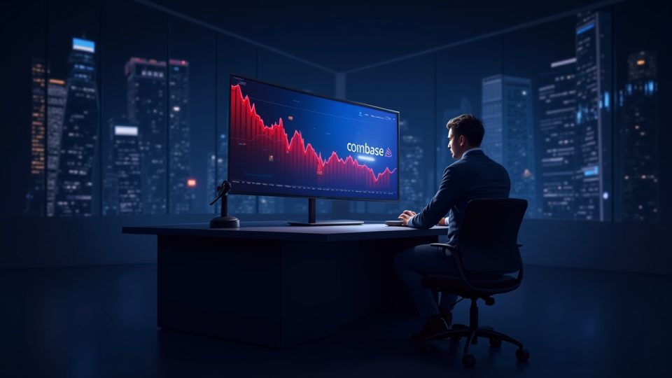 Photorealistic newsroom with an analyst at a desk, a large screen showing a red downturn chart and the Coinbase logo, plus revenue growth icons.