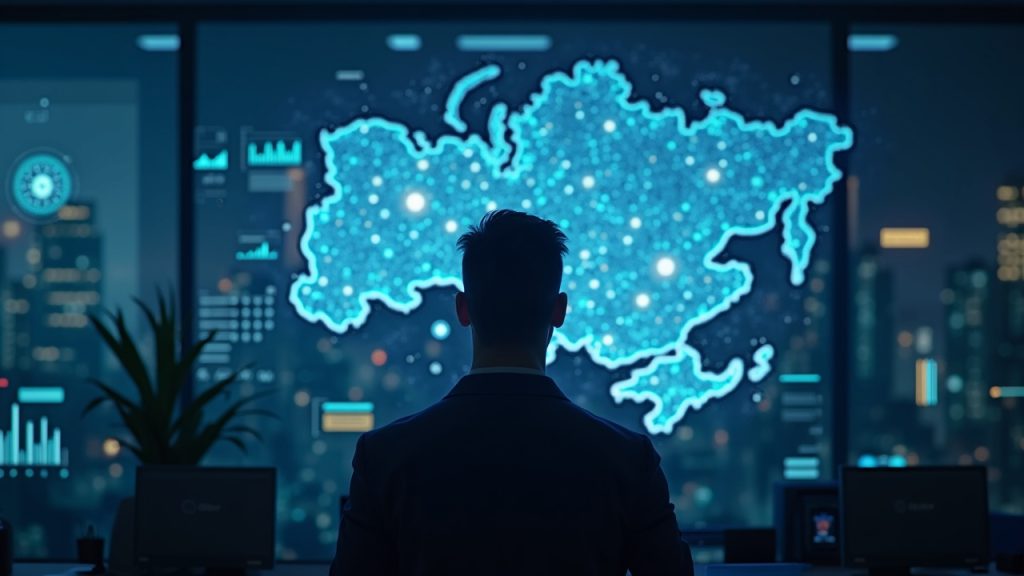 Tech innovator silhouette in a modern office with holographic dashboards displaying quadratic voting over Russia-Ukraine map