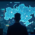 Tech innovator silhouette in a modern office with holographic dashboards displaying quadratic voting over Russia-Ukraine map