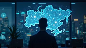 Tech innovator silhouette in a modern office with holographic dashboards displaying quadratic voting over Russia-Ukraine map