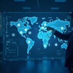 Photorealistic fintech executive reviews an on-chain finance map with privacy shields and ZK motifs in a newsroom setting.