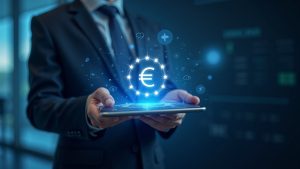 Business professional with tablet showing a digital euro hologram, EU flag backdrop, online and offline payment icons.