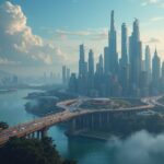 Futuristic cityscape showing interconnected Ethereum rollups, secure bridges, and decentralized governance.