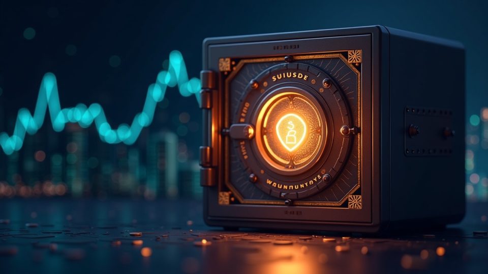 Photorealistic crypto vault unlocking suiUSDe with SUI and Ethena branding, rising yield curve, code skyline