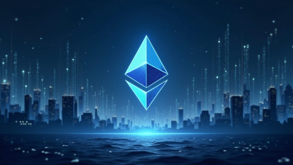 Photorealistic Ethereum logo centered in a digital market skyline with whale silhouettes and a price line near $2,000.