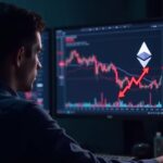 Photorealistic trader analyzes Ethereum price decline on multiple screens, with the logo and red arrows to 1000