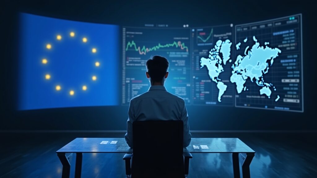 Photorealistic analyst reviews holographic tokenized securities; EU flag on left, rising US market on right.