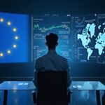 Photorealistic analyst reviews holographic tokenized securities; EU flag on left, rising US market on right.