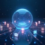 Photorealistic glass-sphere liquidity pool linked to 50+ blockchain icons around a futuristic newsroom.