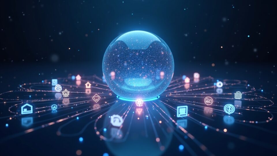 Photorealistic glass-sphere liquidity pool linked to 50+ blockchain icons around a futuristic newsroom.