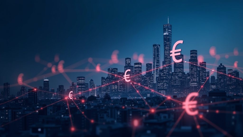 Photorealistic European city skyline with a glowing blockchain network overlay and euro icons, symbolizing a regulated crypto hub.