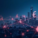 Photorealistic European city skyline with a glowing blockchain network overlay and euro icons, symbolizing a regulated crypto hub.