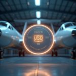 Photorealistic hangar scene with two leased jet engines, a glowing Eurus Aero Token I hologram, and a USD price tag