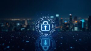Photorealistic header: glowing transaction icon encrypted, with a decentralized committee emblem and finality seal over a blockchain city.