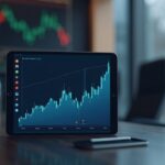 Photorealistic boardroom scene with Galaxy Digital logo on a tablet displaying stock chart against a subtle crypto backdrop.