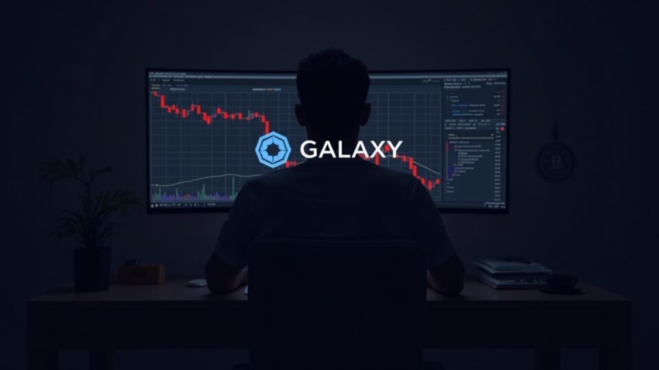 Photorealistic center-shot of a financial analyst at a desk, Galaxy Digital logo on a monitor, red crypto charts.