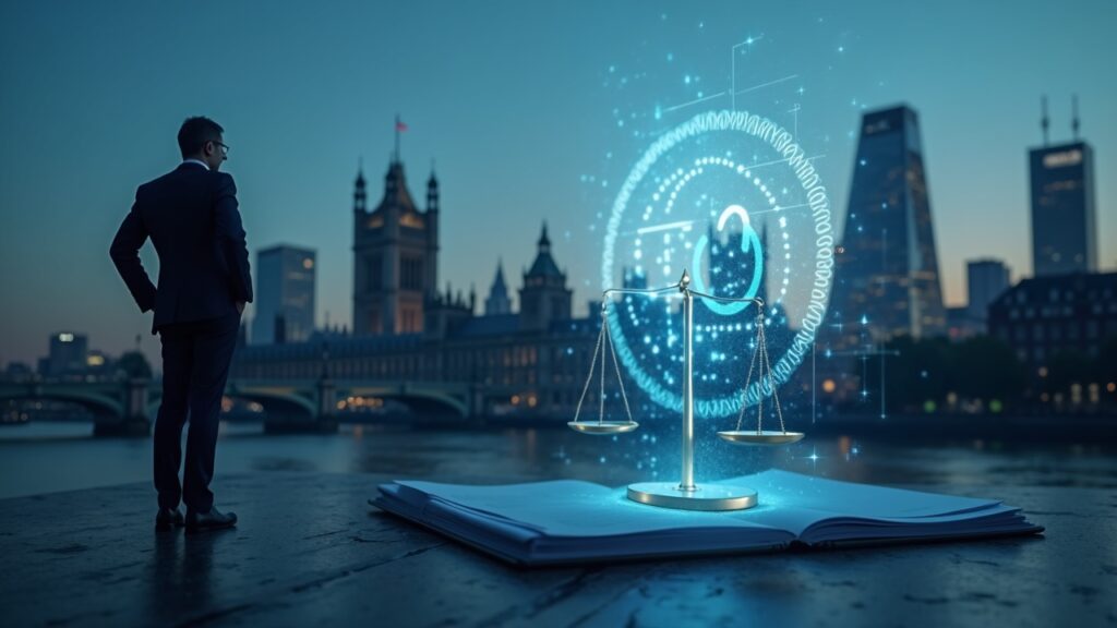 Photorealistic crypto executive against London skyline with fading Gemini logo, regulatory papers, and tilted scales.