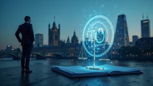 Photorealistic crypto executive against London skyline with fading Gemini logo, regulatory papers, and tilted scales.