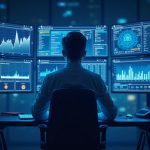 Gen Z trader at a sleek crypto desk with holographic derivatives dashboards and neon blockchain motifs