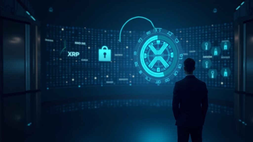 Newsroom scene with a suited executive beside a digital FXRP/XRP hologram, vaults, and a Flare network grid.