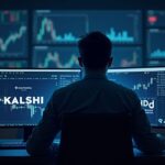 Photorealistic trader at a desk with two monitors showing Kalshi and Polymarket logos, Jump Trading branding, market charts.