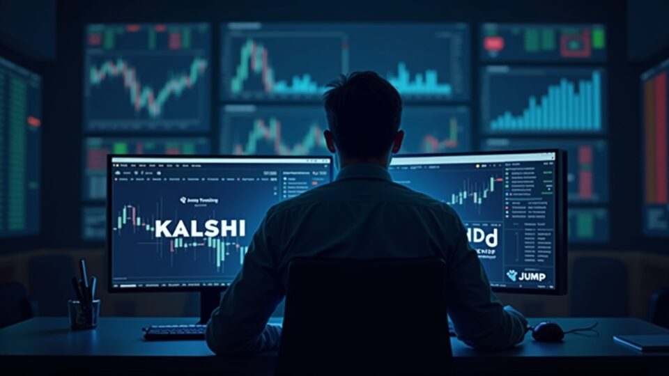 Photorealistic trader at a desk with two monitors showing Kalshi and Polymarket logos, Jump Trading branding, market charts.
