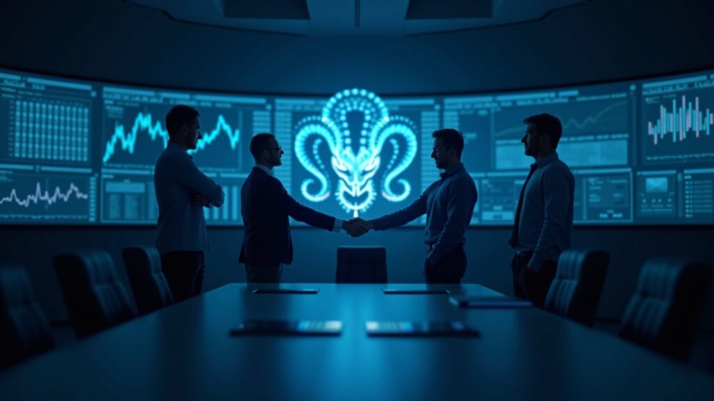 Boardroom scene: Kraken logo, departing CFO handing to deputy, charts and SEC filings on screens under blue IPO lighting.