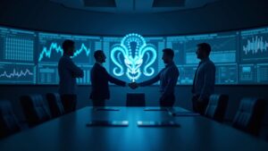 Boardroom scene: Kraken logo, departing CFO handing to deputy, charts and SEC filings on screens under blue IPO lighting.