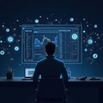 Photorealistic trader at a sleek desk with a large screen showing the KRYP ticker and 20 crypto logos orbiting.