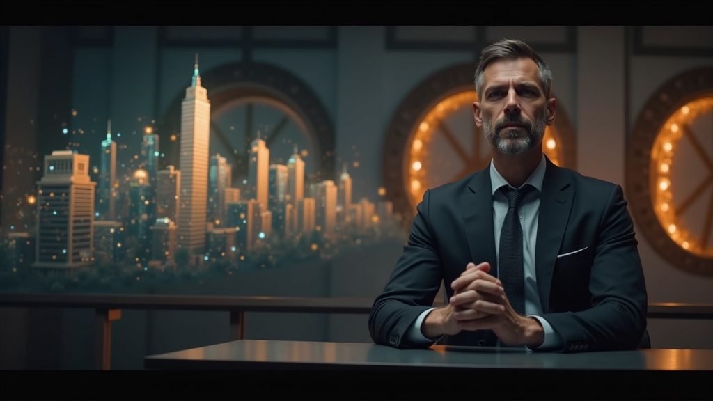 Photorealistic image of a confident crypto CEO at a desk, with holographic stablecoins streaming toward a glowing blockchain city.