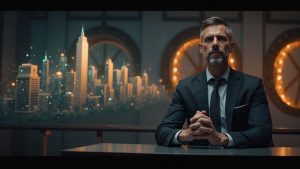 Photorealistic image of a confident crypto CEO at a desk, with holographic stablecoins streaming toward a glowing blockchain city.