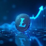 Litecoin logo at center of a neon fintech hub with glowing network lines and an upward price chart in blue lighting