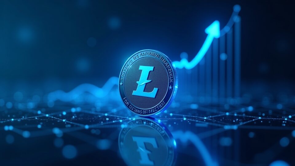 Litecoin logo at center of a neon fintech hub with glowing network lines and an upward price chart in blue lighting