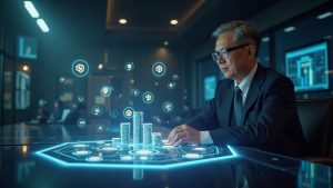 Photorealistic image of a Malaysian central bank regulator at a modern desk with holographic ringgit stablecoins and tokenized deposits.