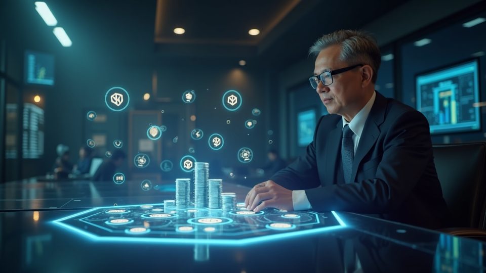 Photorealistic image of a Malaysian central bank regulator at a modern desk with holographic ringgit stablecoins and tokenized deposits.