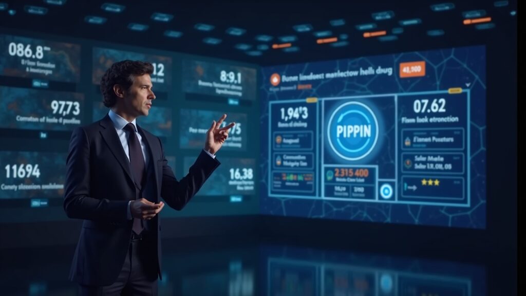 Center-stage analyst with holographic TRUMP APRZ PIPPIN icons, countdowns and unlock volumes signaling on-chain volatility