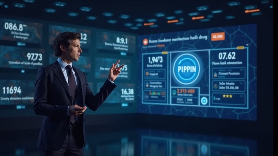 Center-stage analyst with holographic TRUMP APRZ PIPPIN icons, countdowns and unlock volumes signaling on-chain volatility