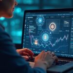 Realistic person using a laptop crypto wallet with holographic tokenized stocks floating above the screen and MetaMask UI visible.