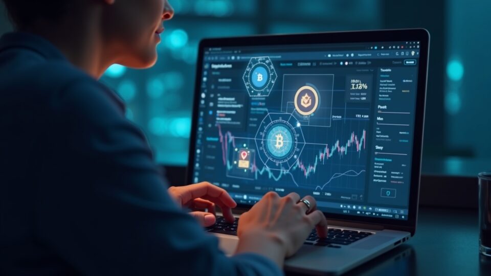 Realistic person using a laptop crypto wallet with holographic tokenized stocks floating above the screen and MetaMask UI visible.