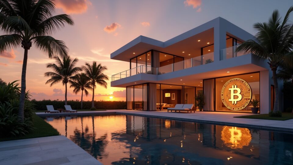 Photorealistic sunset view of a Miami mansion with a Bitcoin emblem on the facade, symbolizing crypto-driven relocation.